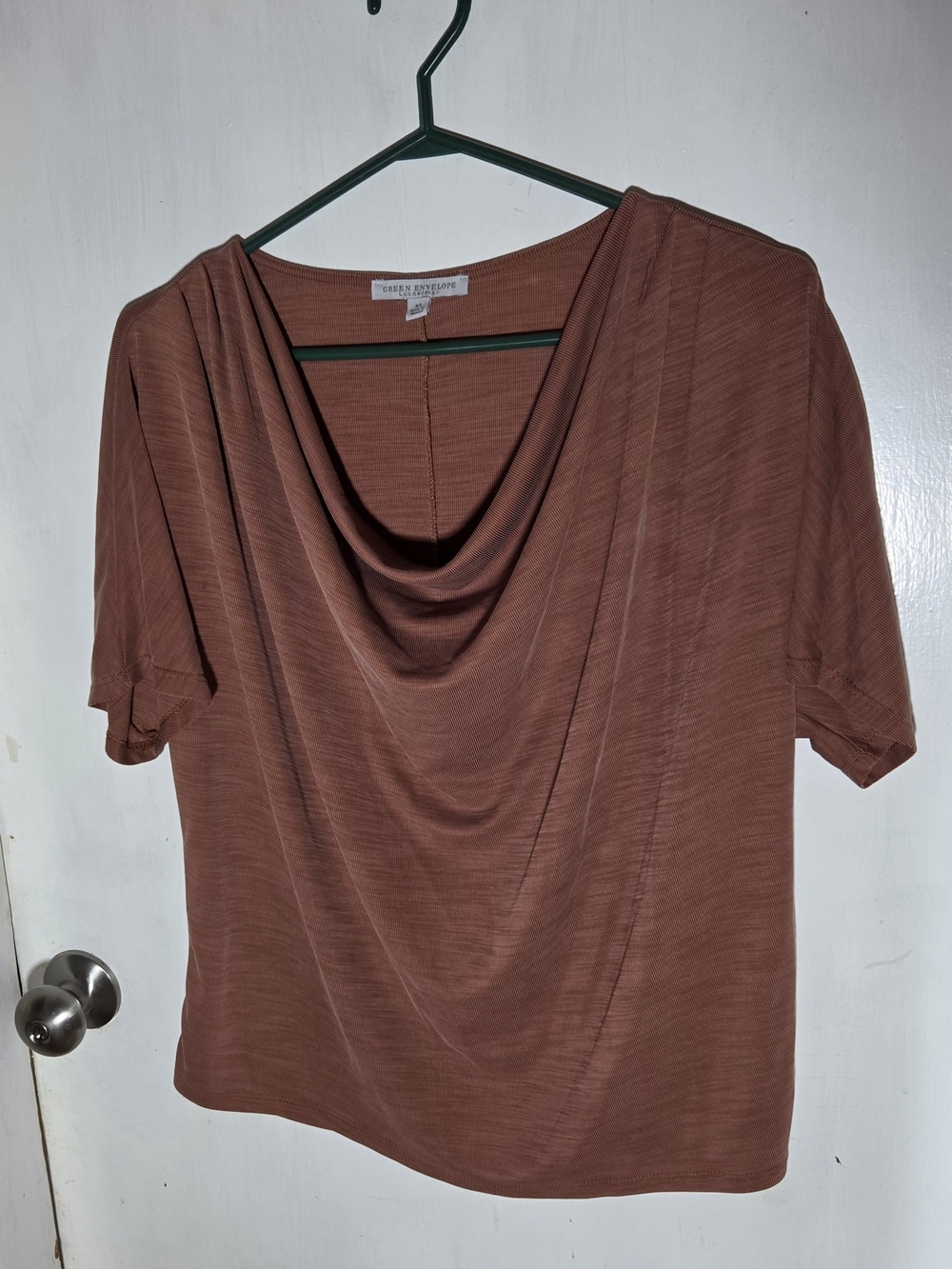 Green Envelope Draped Cowl Neck Short Sleeve Top in Rust Brown